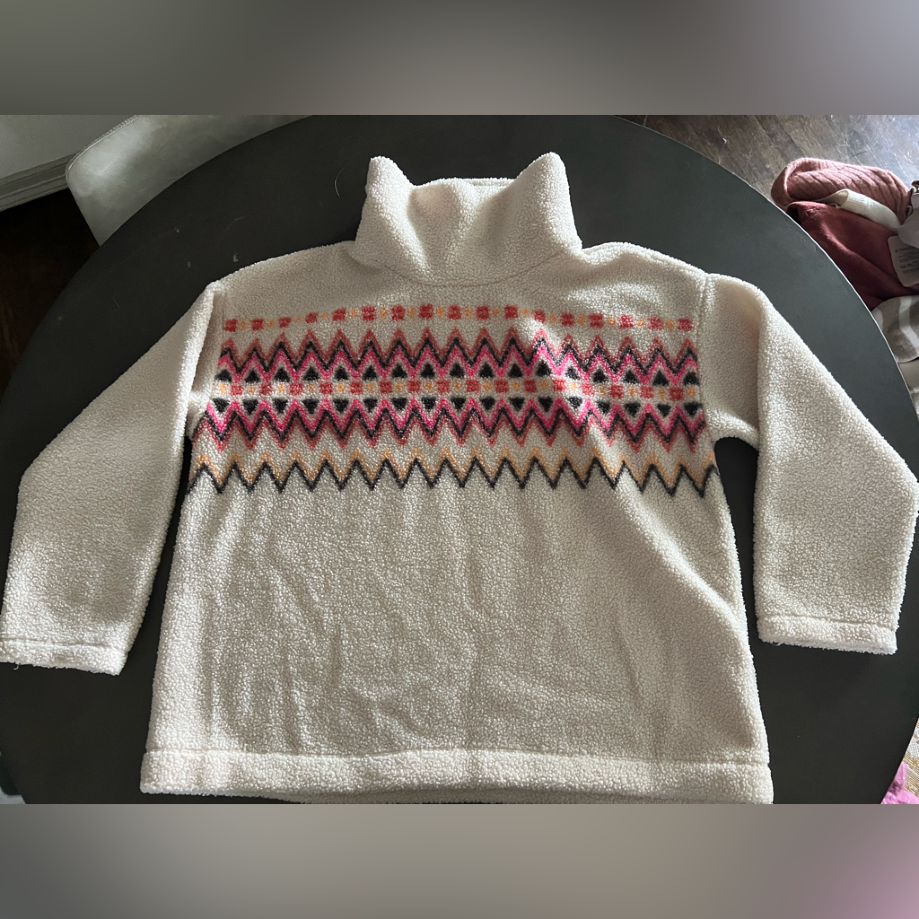 Loft Women’s Sherpa Cozy Funnel Neck Cream And Pink Patterned Sweater, Size Xxl